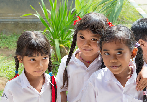 Bali, Indonesia - December 10, 2013: Group of Bali school girls outdoors, They are dressed in school uniforms and have their hair in braids. First 8 years of school in Bali is free for boys and girls, but parents have to pay school uniform and books.