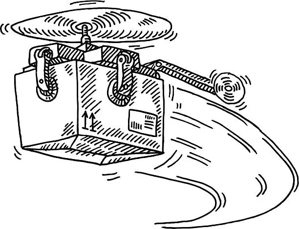 Vector illustration of Flying Parcel Delivery Helicopter Drawing