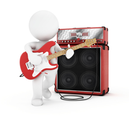 3D small man playing an electric guitar in front of an amplifier and cabinet.