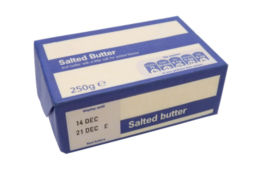 isolated on white - a 250 gram (half pound) paper-wrapped pack of unsalted butter