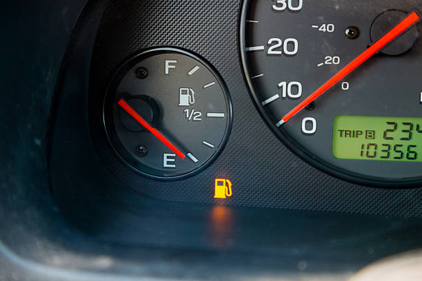 Gas Guage Empty A gas guage in a car reads empty and shows the warning light to let the driver know they are out of gas and need to refuel. empty tank stock pictures, royalty-free photos & images
