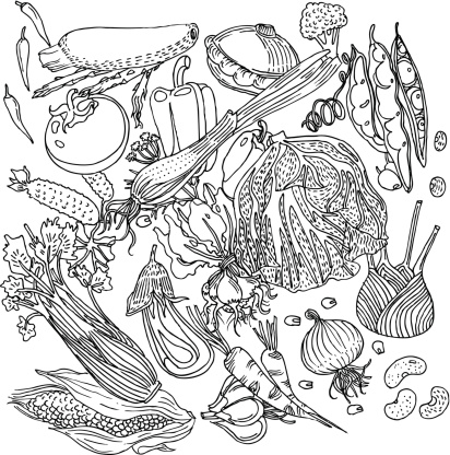 Vector Hand-Drawn Illustration of Vegetable Background in Black&White style (eps 8).