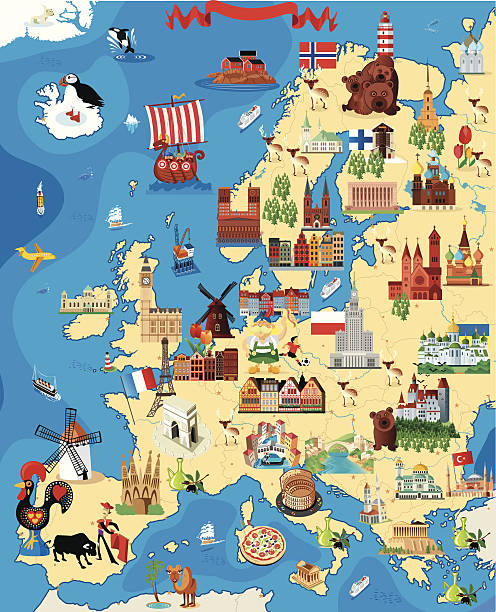 europe cartoon map - i̇sveç illüstrasyonlar stock illustrations