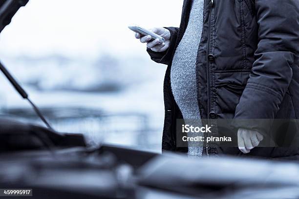 Pregnant Woman Standing By A Broken Car Stock Photo - Download Image Now - Pregnant, Street, Adult