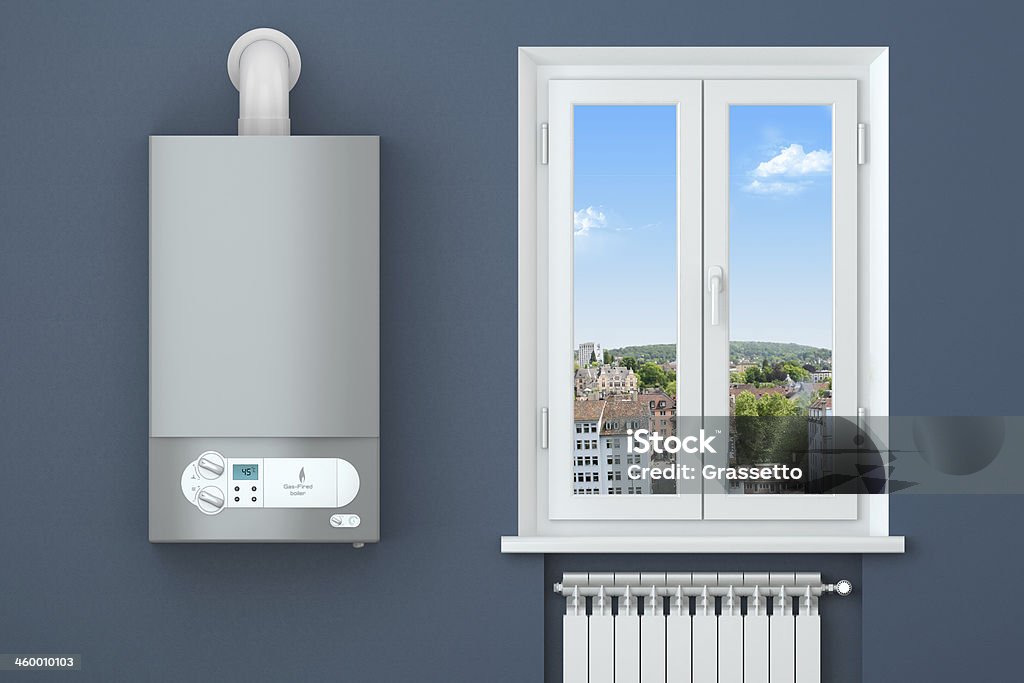 Riscaldamento casa.  Caldaia a Gas, window, radiatore. - Foto stock royalty-free di Caldaia