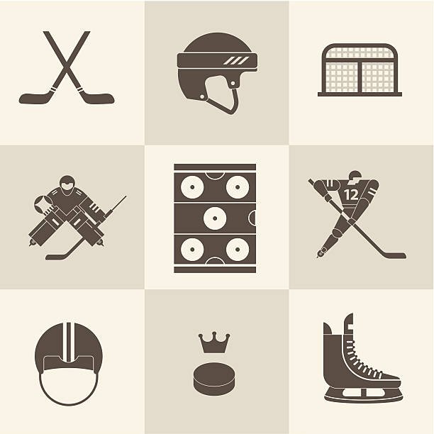 Assorted illustrated hockey equipment icons vector art illustration