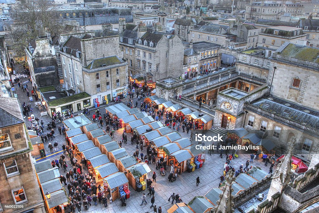 Bath Christmas Market and Roman Baths Taken from Bath Abbey, this image features the Bath Christmas Market and the Roman Baths late on a December afternoon. Bath - England Stock Photo