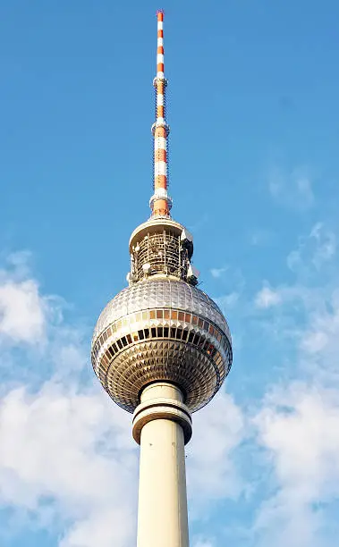 The famous Tv Tower of Berlin located at the "Alexanderplatz". The tower is 365 meters tall and one of the landmarks of the City.