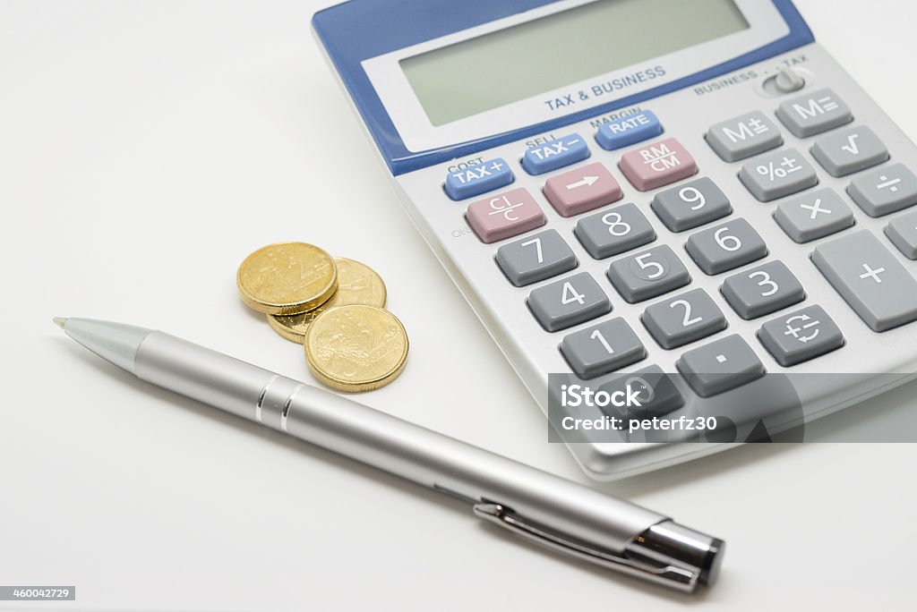 Calculator, Coins and Pen Australian Currency Stock Photo