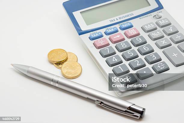 Calculator Coins And Pen Stock Photo - Download Image Now - Australian Currency, Blank, Business