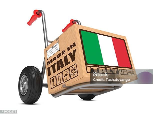 Made In Italy Cardboard Box On Hand Truck Stock Photo - Download Image Now - Italy, Freight Transportation, Free of Charge