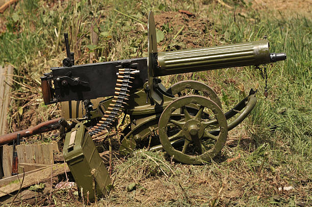 WW2 Russian Maxim Machine Gun The Russian model 1910 Maxim machine gun on the Sokolov carriage and equipped with defensive shield. It was used extensivly on the Russian front lines during World War Two. machine gun stock pictures, royalty-free photos & images