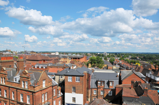 Elevated view looking down upon the roof tops of buildings in St.Albans, Hertfordshire, UK.