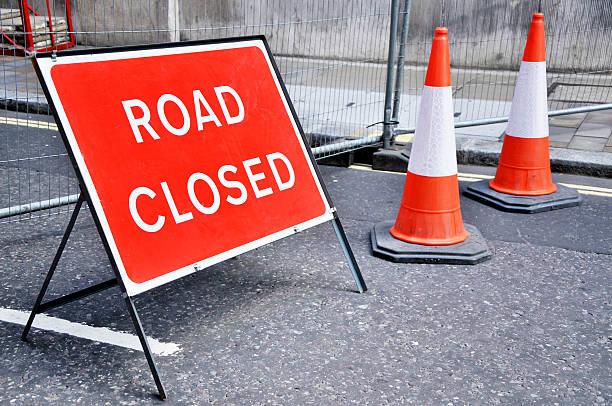 Road Closed Sign With Cones stock photo