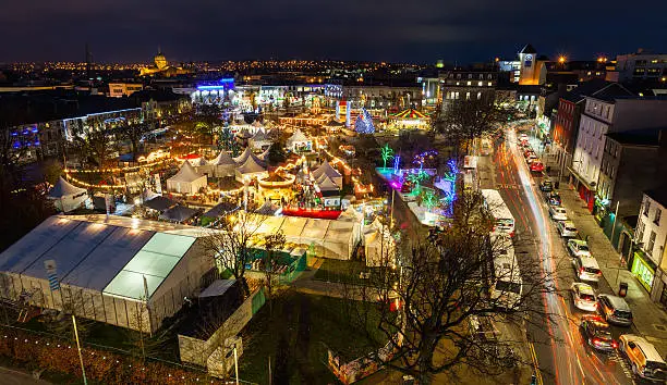 Christmas market in Galway at night, panoramic view from high point.