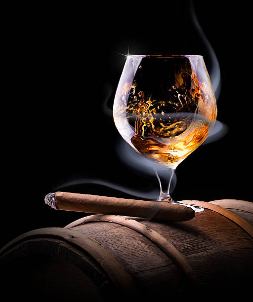 conhaque vidro envolta em um fumo - cigar whisky bar cognac imagens e fotografias de stock