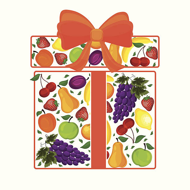 illustrazioni stock, clip art, cartoni animati e icone di tendenza di regalo di frutta decorato con nastro arancione. - peach fruit portion orange