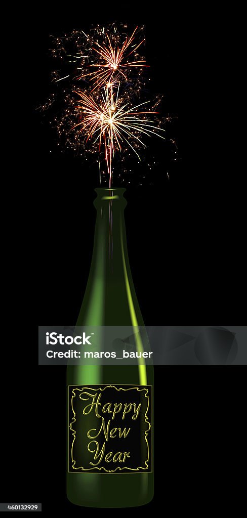 Champagne bottle with the inscription Happy New Year Champagne bottle with the inscription Happy New Year from that fires fireworks isolated on black background Champagne Stock Photo