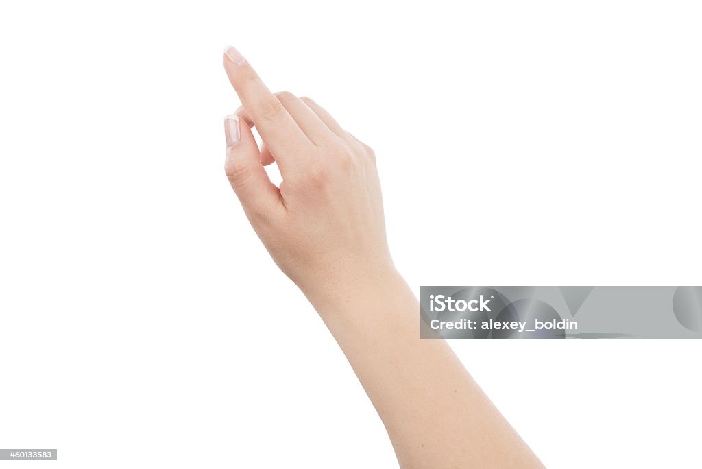 Woman hand touching or pointing to something Woman hand touching or pointing to something, isolated on white background Women Stock Photo