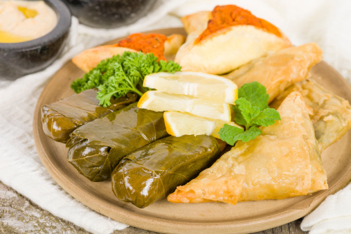 Sarma (grape vine leaves, stuffed with rice), borek (spinach and cheese stuffed pastry) and fatayer (meat pie).