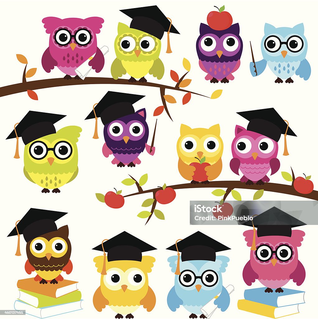 Vector Collection of School or Graduation Themed Owls Vector Collection of School or Graduation Themed Owls. No transparencies or gradients used. Large JPG included. Each element is individually grouped for easy editing. Graduation stock vector