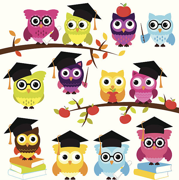 Vector Collection of School or Graduation Themed Owls Vector Collection of School or Graduation Themed Owls. No transparencies or gradients used. Large JPG included. Each element is individually grouped for easy editing. pics of owl with graduation cap stock illustrations