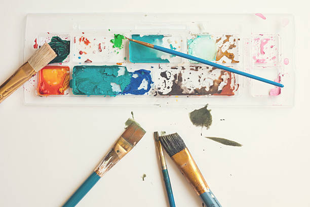 istock Art Supplies, Watercolor Paint, Brushes. From Above 460137723