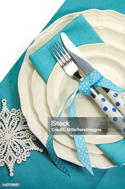 Beautiful Aqua Blue Festive Christmas Dining Table Place Setting Stock Photo - Download Image Now