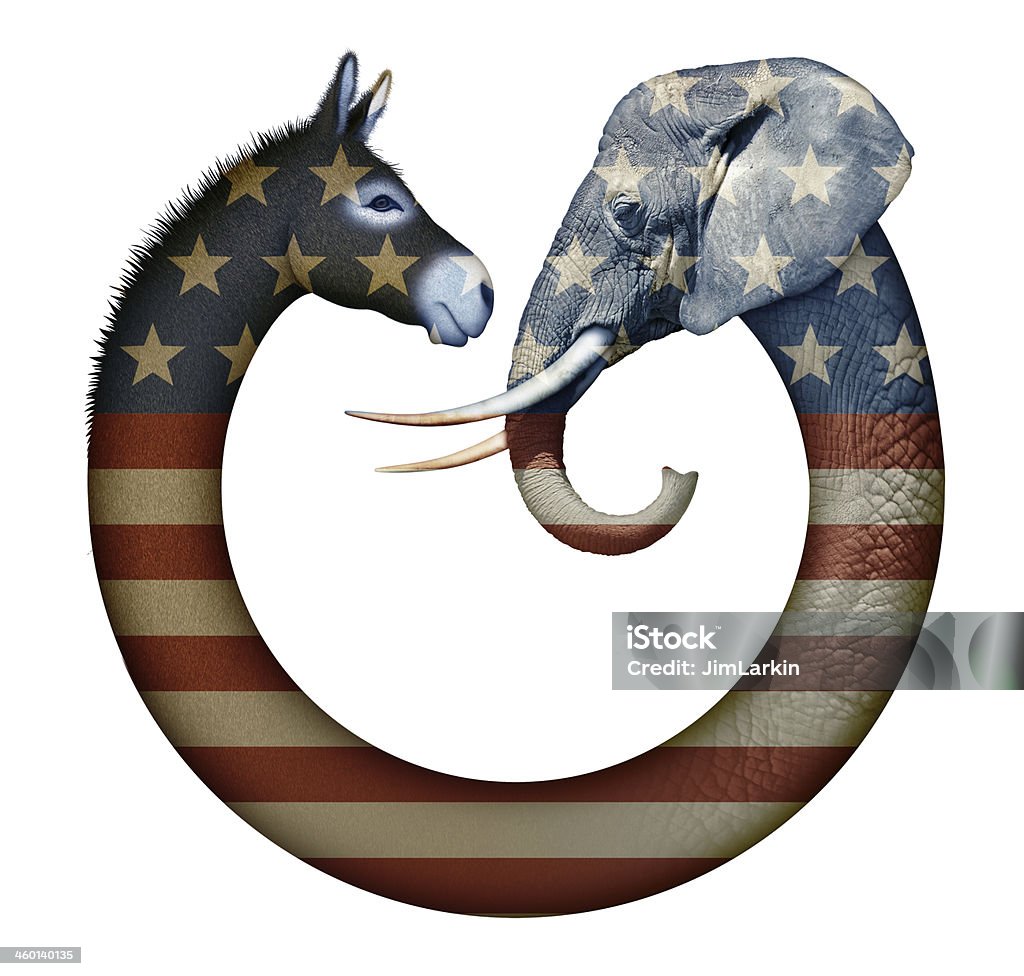 Political Party Animals Digital and photo illustration of a donkey and elephant, representing democrats and republicans confronting each other. Donkey Stock Photo