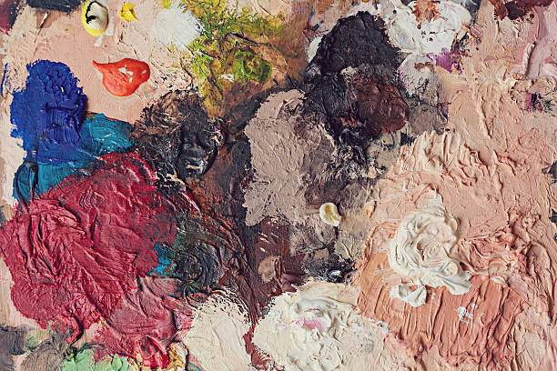 istock Oil Painters Paint Pallet with Paint mess, from above 460140323