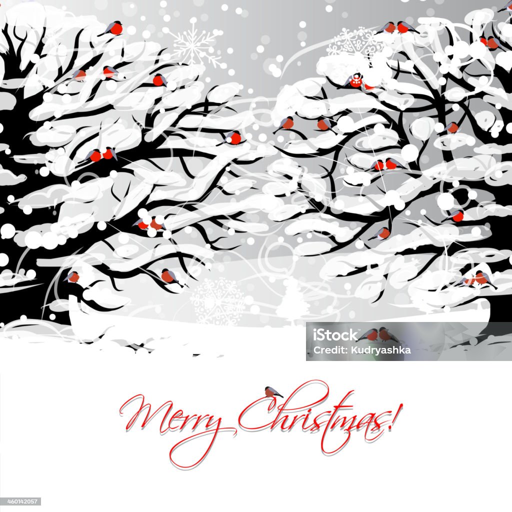 Christmas card design with winter tree and bullfinches Abstract stock vector