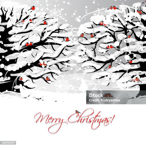 Christmas Card Design With Winter Tree And Bullfinches Stock Illustration - Download Image Now