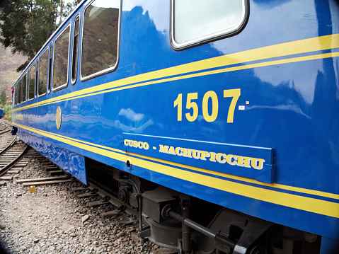 Urubamba, Peru - June 2, 2013: Peru Rail train arriving at the station to pick up passengers for Macchu Picchu trip