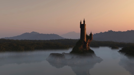 Wizards tower on a lake island at sunrise, 3d digitally rendered illustration