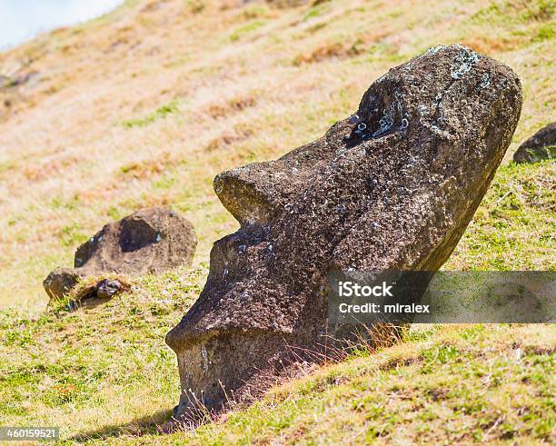 Moai On Rano Raraku Slope Easter Island Chile Stock Photo - Download Image Now - Ancient Civilization, Chile, Famous Place