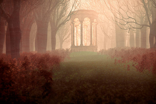 Mysterious glowing temple in the dark forest.