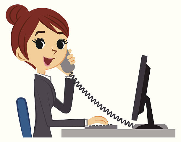 młody biznes kobieta na biurko z telefonu i komputera - headset receptionist support telephone stock illustrations