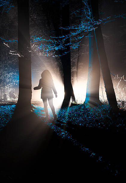 Dark silhouette walking in mysteriously illuminated forest on a foggy winter night