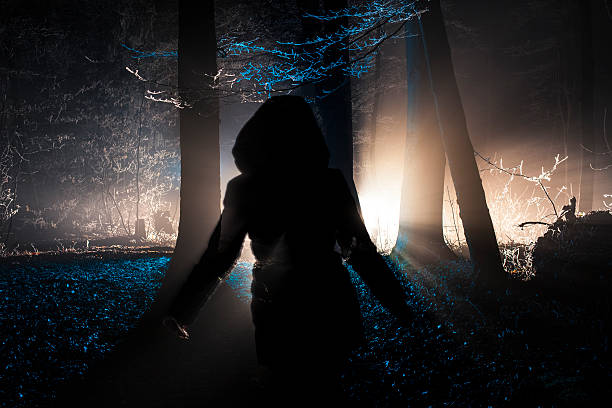 Dark silhouette walking in mysteriously illuminated forest on a foggy winter night