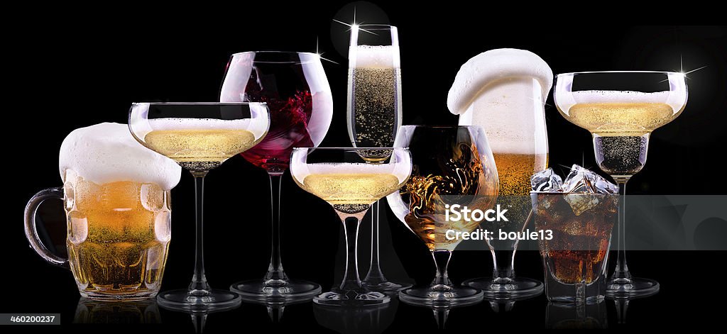 set with different  drinks set with different drinks on black background - champagne,cola,cocktail,wine,brandy,whiskey,scotch,vodka,cognac Wine Stock Photo