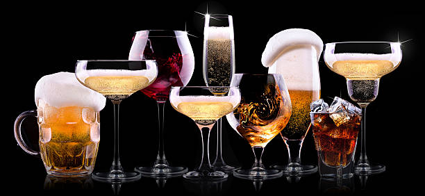 set with different  drinks set with different drinks on black background - champagne,cola,cocktail,wine,brandy,whiskey,scotch,vodka,cognac champagne region photos stock pictures, royalty-free photos & images