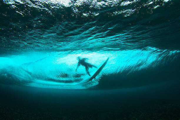 Surfer on tropical wave underwater vision stock photo