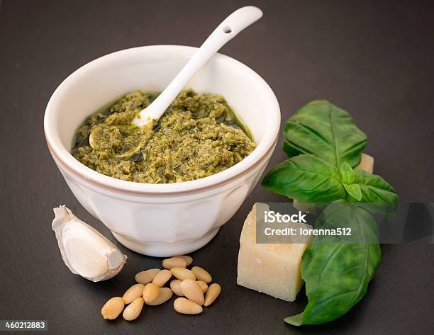 Fresh Pesto With Basil Stock Photo - Download Image Now - Backgrounds, Basil, Cheese