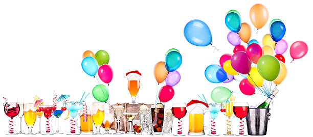 diversas imagens de bebidas alcoólicas com balões - isolated on white fun orange food - fotografias e filmes do acervo