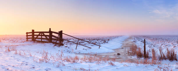 A fence and pastures in a frozen winter landscape in The Netherlands, photographed at sunrise.