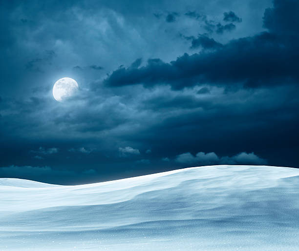 Winter night Hilly landscape covered with fresh snow. rolling field stock pictures, royalty-free photos & images