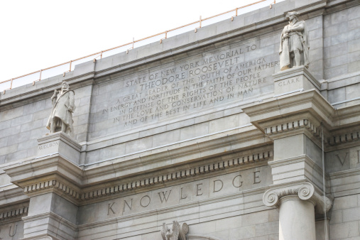 Close up on memorial to Theodore Roosevelt on top of he entrance of the American Museum of Natural History located on the Upper West Side of Manhattan.