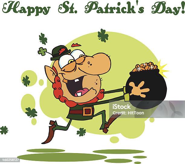 Friendly Leprechaun Runs With Pot Of Gold And Text Stock Illustration - Download Image Now - Cartoon, Celebration, Celebration Event