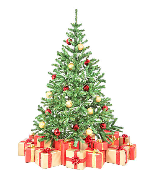 istock Decorated Christmas tree with many gift boxes isolated on white 460272489