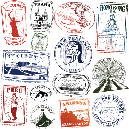 Series of stylized landmark passport style stamps from exotic locations.